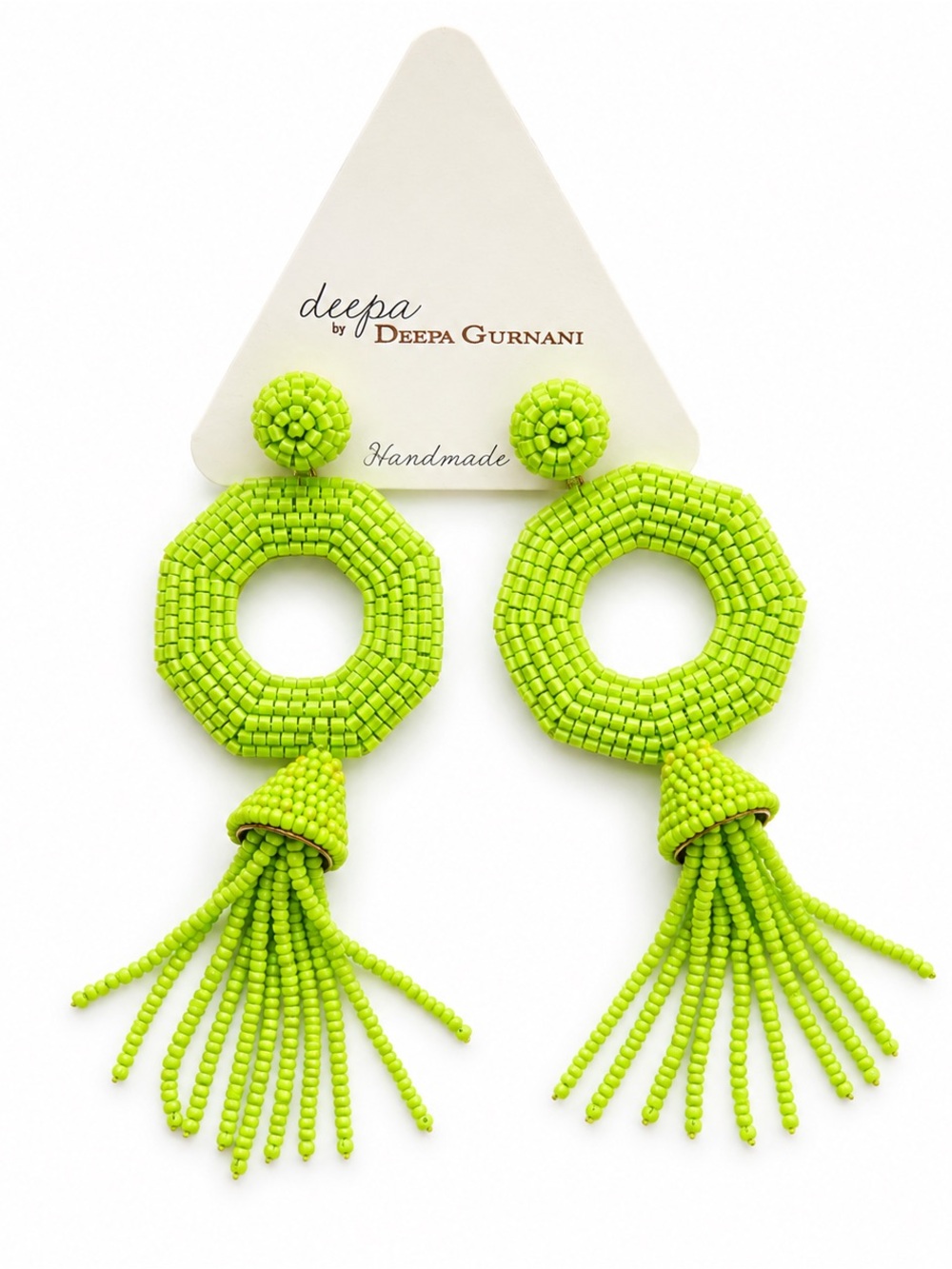 NWT Deepa by Deepa Gurnani Neon Lime Beaded Tassel Statement Earrings